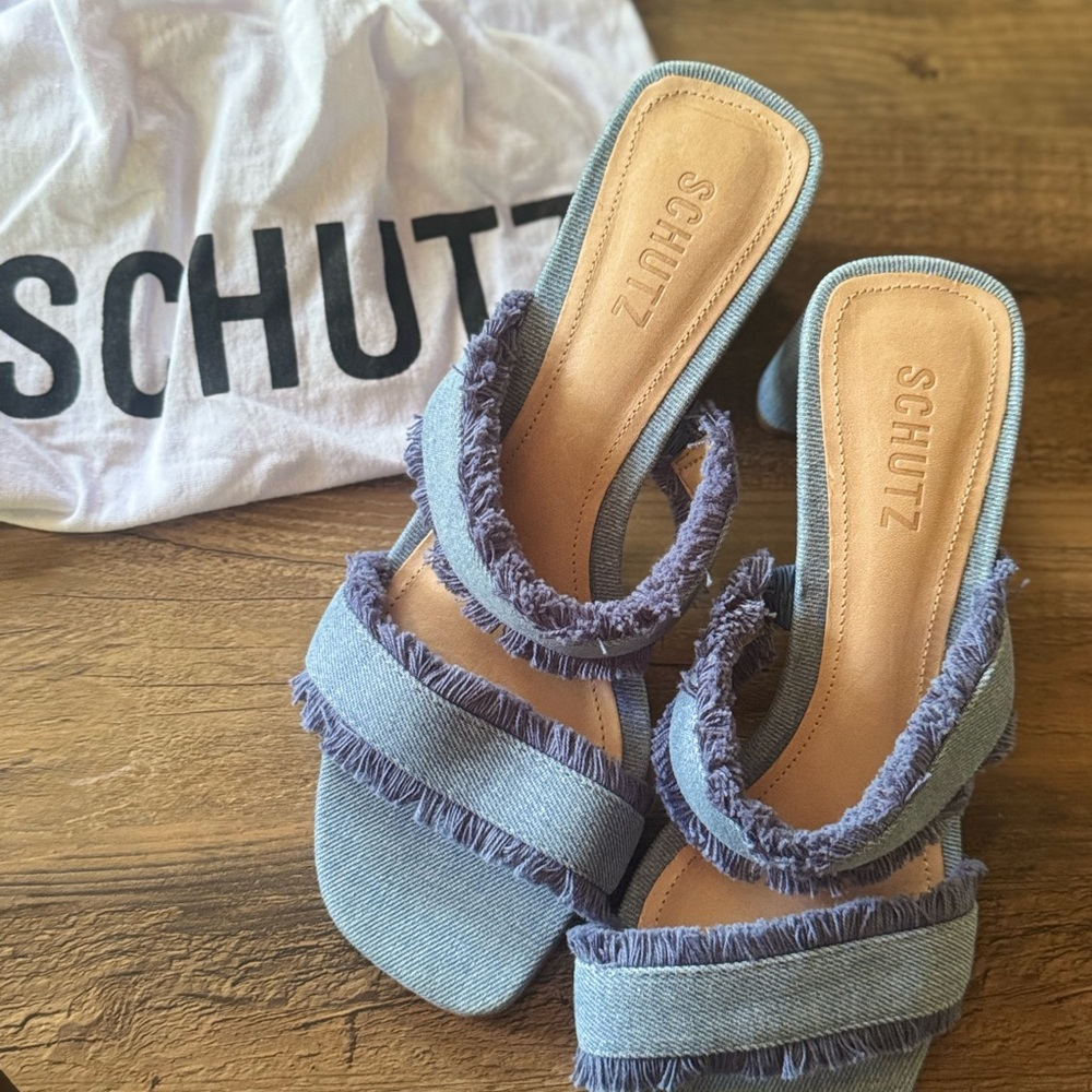 SCHUTZ Blue Denim Sandals with Frayed Straps